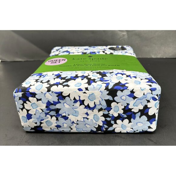 KATE SPADE VINTAGE GARDEN Indigo Blue Floral Print Cotton QUEEN Sheet Set NEW - Picture 3 of 8